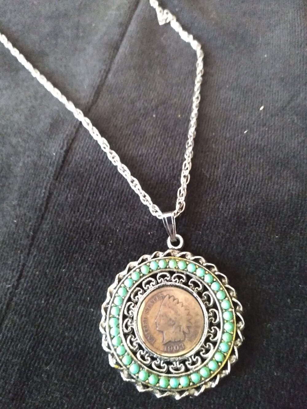 1903 Indian Head Penny Necklace encircled by Tiny Turquoise Beads